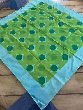 Aqua and Lime Green Geometric Silk Scarf 26“ x 26“ hand rolled vintage